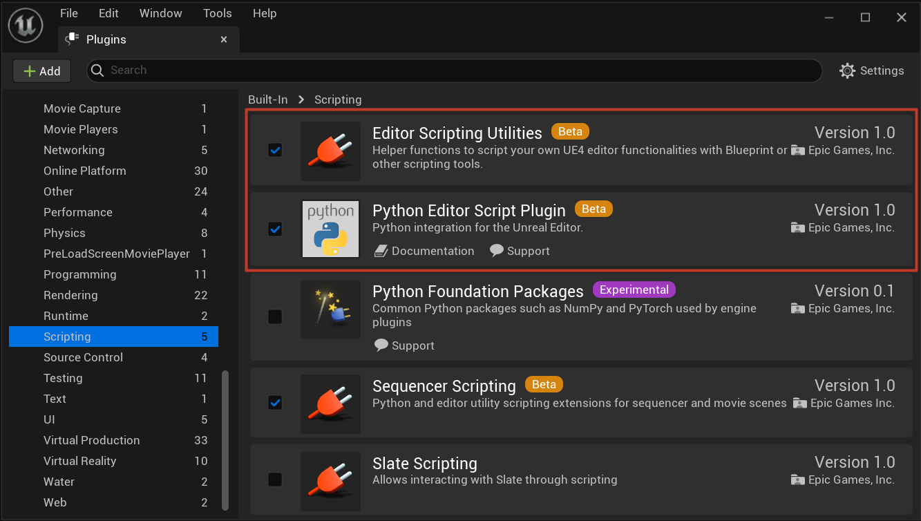 showing editor scripting utilities and python editor script plugin is installed